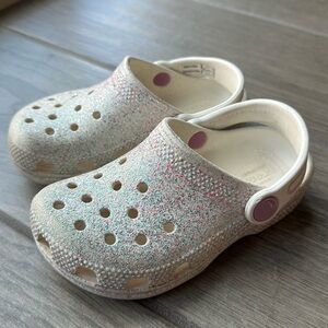 Toddler Glitter Crocs, white with blue, pink and silver glitter, toddler size C9